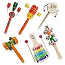 Little Mind Wooden Hand Crafted Rattle Set Specially Designed for Kids - Non Toxic Finish, Musical Instruments for Born Babies- Musical Toy (Pack of-6)