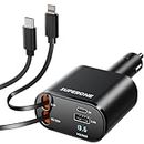 4-in-1 Fast Charge Retractable Car Charger for iPhone and Android, SUPERONE Car Phone Charger Adapter with PD 60W Retractable Type C & Lightning Cords Compatible with iPhone 15/14/13/12/11 Pro Max