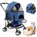 Wedyvko Pet Dog Stroller ，3 in 1 Cat Dogs Strollers with Removable Carrier, 4 Wheels Travel Foldable Aluminum Alloy Frame Carriage for Small Medium Dogs & Cats (Blue)