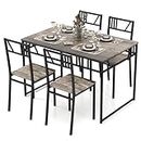 COSTWAY Dining Table and Chairs Set 4, Wood Effect Rectangular Kitchen Table and 4 Chairs with Curved Back, Metal Frame Space Saving Home Dining Room Furniture Set, Grey