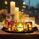 Glass Votive Candle Holders Set，Vintage Decor Flameless Natural Candlescape Set,3 LED Tea Light Candles,Rocks and Tray for Home Décor,Table Décor