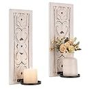 Rustic Candle Sconces Wall Decor Set of 2 - Walasis Wood Wall Candle Holders for Farmhouse White Boho Candle Sconce Art Distressed Thickened Pillar Candles Holder for Bathroom