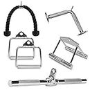 HR Sports & Fitness Cable Machine Attachment Combo : V Shaped Handle, Double D Handle, Straight Bar, D Handles Pair & Triceps Rope | Gym Machine with Textured Grip, Silver Chrome Finish