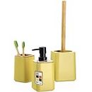 KADAX Juego de baño, dispensador de jabón, vaso para cepillos de dientes y escobilla de inodoro en 6 variantes de color, accesorios de baño modernos con bambú natural, equipamiento de baño (amarillo)