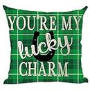 SJOAOAA Happy St. Patrick Day Spring You're My Lucky Charm Green Plaid Background Decorative Throw Pillow Cover Case Cushion Home Living Room Bed Sofa Car Cotton Linen Square 18 x 18 Inch