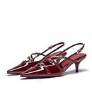 Cherry Red Heels for Women Closed Pointed Toe Slingback Pumps Buckled Strap Kitten Heel Dress Heeled Shoes, Red, 8