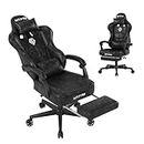 Popsit Gaming Chair with Footrest, Big and Tall Ergonomic Video Gamer Chair with Headrest Lumbar Support, Computer Office Chair PU Leather Height Adjustable Swivel Game Chair for Adult-Black