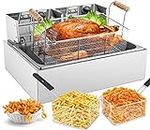 TANGME Commercial Deep Fryer, 3400w Electric Turkey Fryer with 3-Baskets, 22L/23.25Qt 1mm Thickened Stainless Steel Countertop Single Oil Fryer with Temperature Limiter for Restaurant