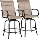 Yaheetech 2 Piece Patio Swivel Bar Stools Texteline Bistro Chairs with High Back/Armrest/Footrest, All Weather Padded Seating Outdoor Furniture Chairs for Outside, Lawn & Garden，Black/Brown