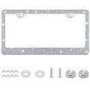 Amiss Bling License Plate Frame for Women, 1Pack Rhinestone Handcrafted Crystal Premium Stainless Steel, Stainless Steel Car Accessories with Diamond Sparkle Glitter Caps (White)