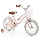 BABY JOY Kids Bike, 14 Inch Boys Girls Bike for 3-5 Years Old w/Training Wheels, Adjustable Seat, Removable Basket, Handbrake and Coaster Brake, Kids Bicycle (Pink)