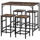 HOMCOM 5 Pieces Industrial Rectangular Bar Table Set, Dining Table Set Breakfast Table with 4 Stools for Dining Room, Kitchen, Dinette, Rustic Brown