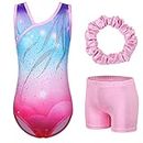 BAOHULU Leotards for Girls Gymnastics Embroidery Glitter Tumbling Shorts Bottoms, Oblique Pink Blue Set, 7-8 Years (KHB278PB02)