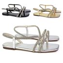 Womens Flat Diamante Sandals Ladies Slingback Sparkly Strappy Holiday Shoes