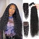 Water Wave Bundles with Closure Brazilian Bundles with Free Part Lace Closure Wet and Wavy 3 Bundles Human Hair 100% Unprocessed (10 12 14+10, Water Wave Bundles with Closure)