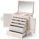 Vlando Jewellery Box, 6-Layer Large Faux Leather Jewellery Organiser, Home Storage Room Decor Aesthetic,Storage for Earring Neckace Ring Jewelry Case for Women Girl Gift Pearl White