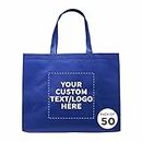 DISCOUNT PROMOS Custom Jumbo Sized Tote Bags Set of 50, Personalized Bulk Pack - Reusable Grocery Bags, Shopping Bags, Promotional Item Totes for Women - Blue
