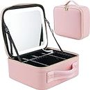 House of Quirk Makeup Bag with Lighted Mirror, Travel Makeup Train Case with 3-Color Setting & Adjustable Dividers, Waterproof Portable Cosmetic Bag (Pink)