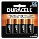Duracell 123 3V Lithium Battery, 4 Count Pack, CR123A 3 Volt High Power Lithium Battery, Long-Lasting for Home Safety and Security Devices, High-Intensity Flashlights, and Home Automation