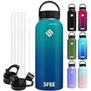 Sfee Insulated Water Bottle, 32oz Stainless Steel Water Bottle with 5 Straws&3 Lids, Wide Mouth Double Wall Vacuum Metal Water Bottle Leak-Proof BPA Free Sports Water Bottle+ Cleaning Brush (BDblue)