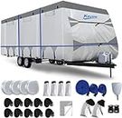 Kayme 300D Oxford Travel Trailer RV Cover, Tearproof Waterproof Windproof 31-34ft Camper Cover, RV Tarp Anti-UV Snowproof with Zipper Door, Wind Protector Straps，4 Tire Covers, and Jack Cover.