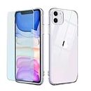 2 in 1 for iPhone 11 Case Crystal Clear TPU + PC with Tempered Glass Screen Protector Non-Yellowing Scratch-Resistant Shockproof Phone Bumper Cover [KJHD]