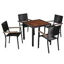 ShCuShan Outdoor Dining Furniture Set,for Deck, Yard, Porch,5 Piece Outdoor Dining Set Poly Rattan and Acacia Wood Black
