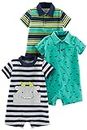 Simple Joys by Carter's Baby Boys' Rompers, Pack of 3, Green Dinosaur/Navy Stripe/Yellow Stripe, 6-9 Months