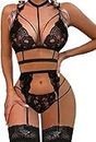 AJES Women Babydoll Lingerie Non-Padded Bra Panty for Honeymoon Special Night Occasion with G-Thong and Garter Belt (X-Large, Black)