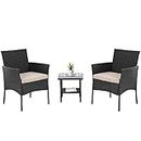 3 Piece Patio Porch Furniture Sets PE Rattan Wicker Chairs with Table Outdoor Garden Furniture Sets Coffee Table and Cushions for Yard，Balcony, Poolside and Garden，Black