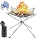 Portable Fire Pit for Camping, Outdoor Folding Firepit Fireplace with Heat Resistant Gloves & Carrying Bag, Stainless Steel Mesh BBQ Fire Bowl for Picnics, Bonfire, Patio, Backyard and Garden