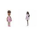 Barbie® Chelsea™ Doll (Brunette Curly Hair) Wearing One-Shoulder Flower-Print Dress and Pink Shoes, Ages 3 Years Old & Up & Doll, Kids Toys, Dark Brown Hair, Pink Metallic Dress, Trendy Clothes