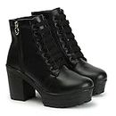 SLEEK STEP Women's Syntheic Casual Block Heel Ankle Derby Side Zip With Lace ups Boots For Girl (Color:-Black, Size:-38)
