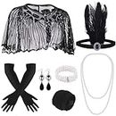 ELECLAND 10-teiliges 1920er Flapper Gatsby Accessoires-Set Fashion Roaring 20's Theme Set mit Stirnband, Kopfbedeckung, langen schwarzen Handschuhen, Halskette, Ohrringen für Frauen (Black)
