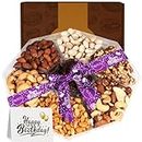 Gourmet Collection Nut Gift Basket With Greeting Card By Nutco 7 Assortments Tray, Arrangement Platter, Care Package - Healthy Kosher USA Made (1 lb, Happy Birthday)