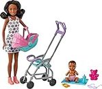 Barbie HHB68 - Babysitter-Spielset mit Skipper-Puppe (lockige, brünette Haare) und Baby, Kinderwagen, inklusive diversem Zubehör, Spielzeug für Kinder ab 3 Jahren