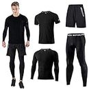 Holure Men's Sports Running Set (Pack of 4) Athletic Shirt+Short/Compression Shirt+Pants Skin Tracksuit Gym Suits Black M
