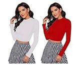 Dream Beauty Fashion Women's Round Neck Long Sleeves Stylish Crop Top, 17 Inches - Pack of 2 (Tally White-Red-S)