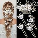 5 PCS Bridal Flower Wedding Hair Pins Crystal Pearl Hair Clips Headpiece Gold Wedding Hair Accessories Jewelry with Rhinestone for Brides Bridesmaids Women Girls Updo (Pure White Flower)