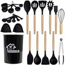 Kitchen Utensils Set, MEETOZ 24 pcs 446°F Heat Resistant Non-Stick Silicone Cooking Utensils Set with Wooden Handles and Holder, Kitchen Gadgets Utensil Set for Nonstick Cookware, Black