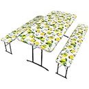 LIBERECOO Picnic Table Cover with Bench Covers Camping Vinyl Tablecloth with Flannel Backing & Elastic Edged Fitted Rectangular Tables (72in with Bench Covers (3 Pcs), Lemon)