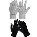 iDopick 2 Pairs Winter Warm with Touchscreen Fingers, Thermal Knit Soft Fleece Lined Glove Elastic Cuff Glove for Women Men Texting Gloves