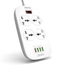 MANTO Power Strip with USB Ports, 4 Widely Spaced AC Outlets & 4 USB Mountable Charging Station with 6.6ft Extension Cord, Flat Plug for Home Office Dorm Hotel Travel Cruise Ship, White