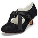 JIAJIA 140311 Women's Bridal Shoes Closed Toe Stiletto Heel Lace Satin Pumps Ribbon Tie Wedding Shoes Black Size: 9.5