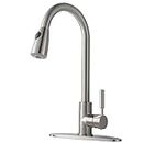 Modern Single Handle Brushed Nickel Kitchen Faucet with Pull Down Sprayer, Single Hole Stainless Steel Kitchen Sink Faucet Pull Out Swivel Spout with Deck Plate