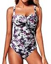 Yonique Women One Piece Swimsuit Tummy Control Vintage Bathing Suit Ruched Swimwear, Black Purple Flower, X-Large