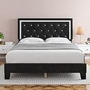HITHOS Queen Bed Frame, Upholstered Platform Bed Frame with Modern Adjustable Headboard, Diamond Tufted Mattress Foundation with Wooden Slat Support, No Box Spring Needed, Easy Assembly (Queen, Black)