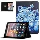 Case for All-New Kindle Fire 7 Tablet (9th Generation 2019 & 7th Generation 2017 & 5th Generation 2015) - UGOcase Slim Fit Premium PU Leather Anti-Slip Folio Stand Cover with Card Slot, Two Tigers