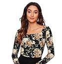 Dream Beauty Fashion Women's Full Sleeve Square Neck Printed Fitted Tee -23" Inches (Sania-Top Black -XS)