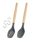 Large Silicone Cooking Spoons, 2 Pack Nonstick Solid and Slotted Wooden handle Spoon Set, Heat Resistan Silicone Kitchen Wooden Spoons for Cooking, Serving, Basting, Mixing (2hooks included, Grey)